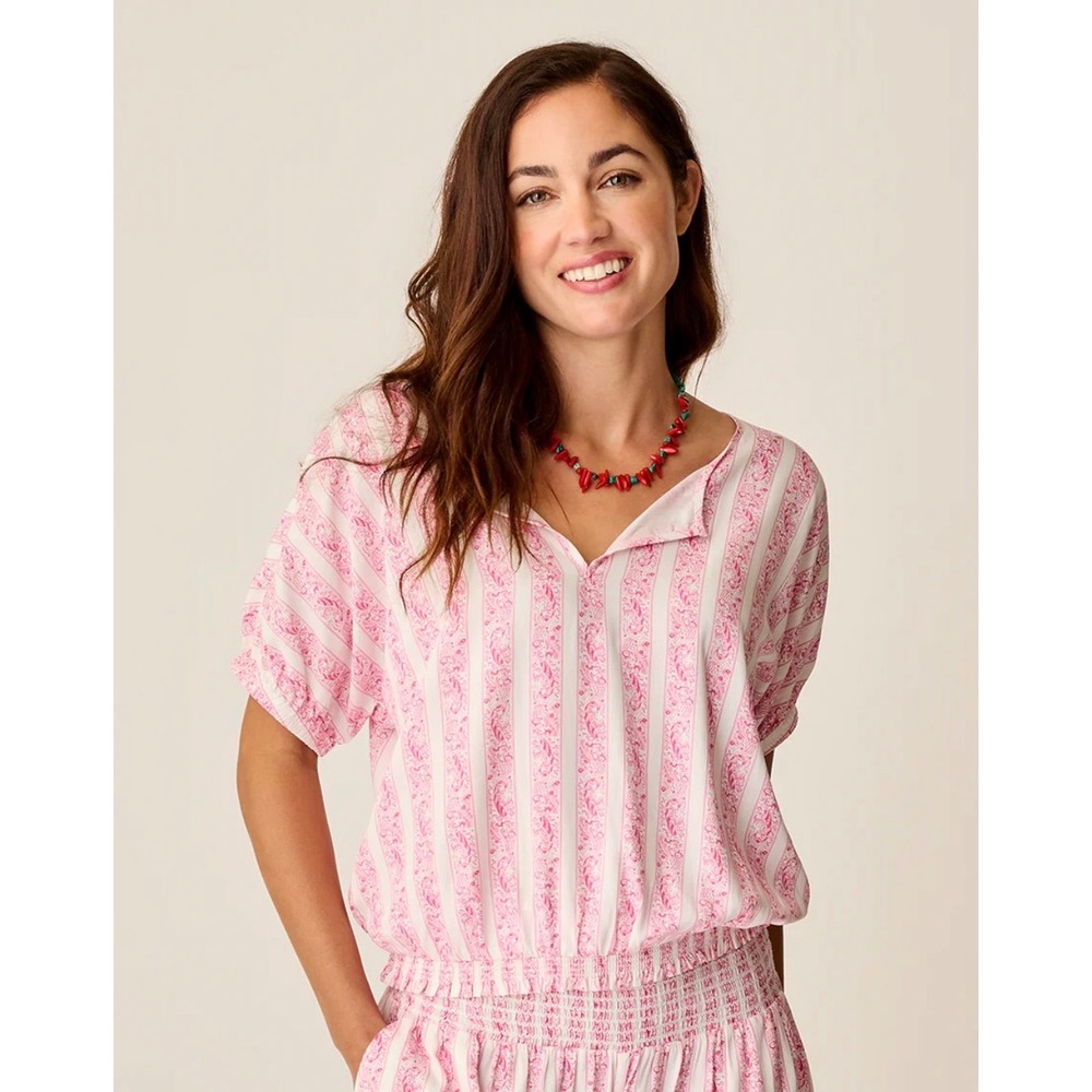 Carve Designs Celeste Top Pink Paisley Striped Smocked Hem Size Small Boho Airy